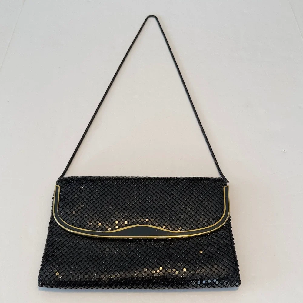 Vintage Black Metal Mesh Evening Bag Gold Trim Snake Chain Clutch‎